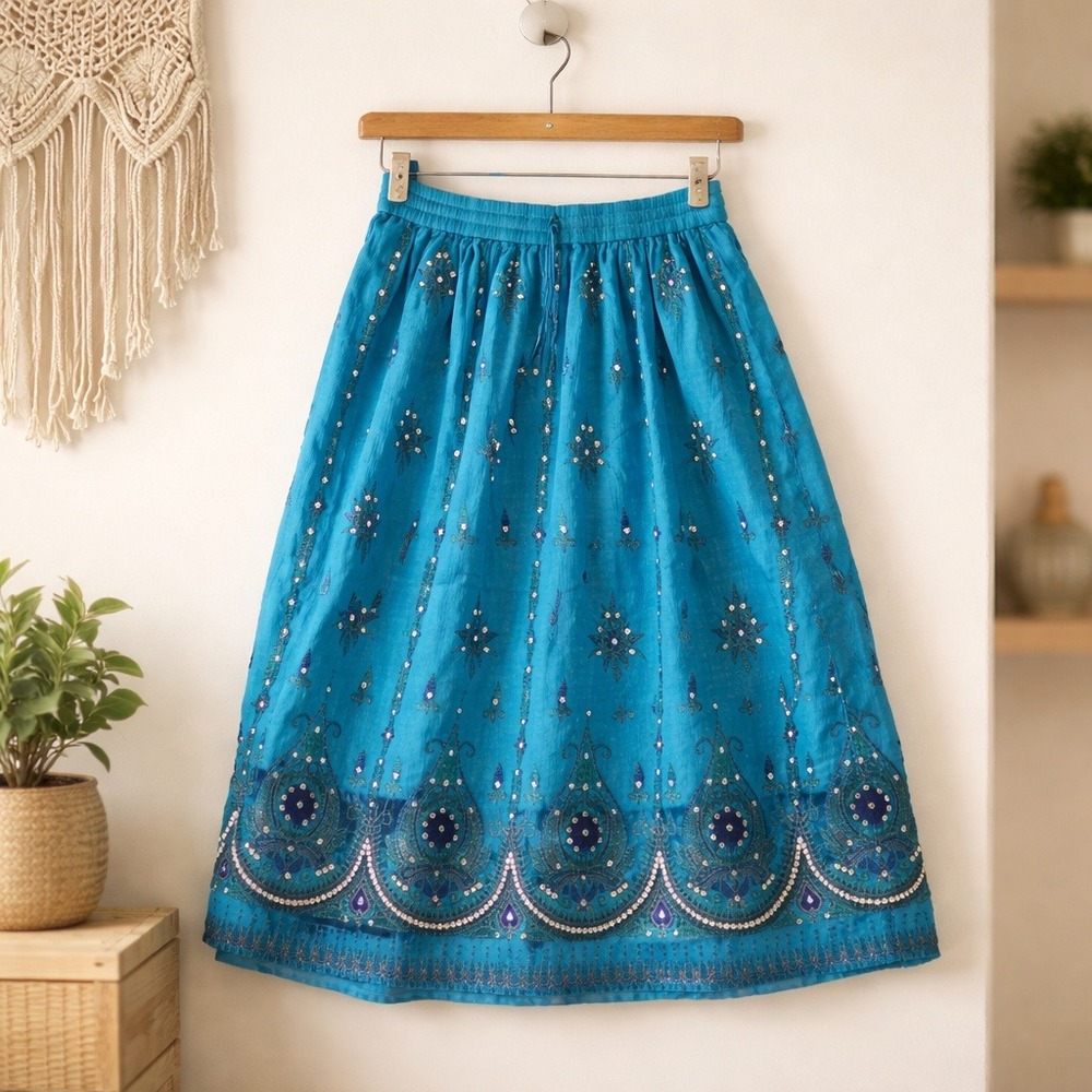 Carees 1X Vintage Y2K Turquoise Embroidered Sequin Maxi‎ Skirt Boho Bollywood